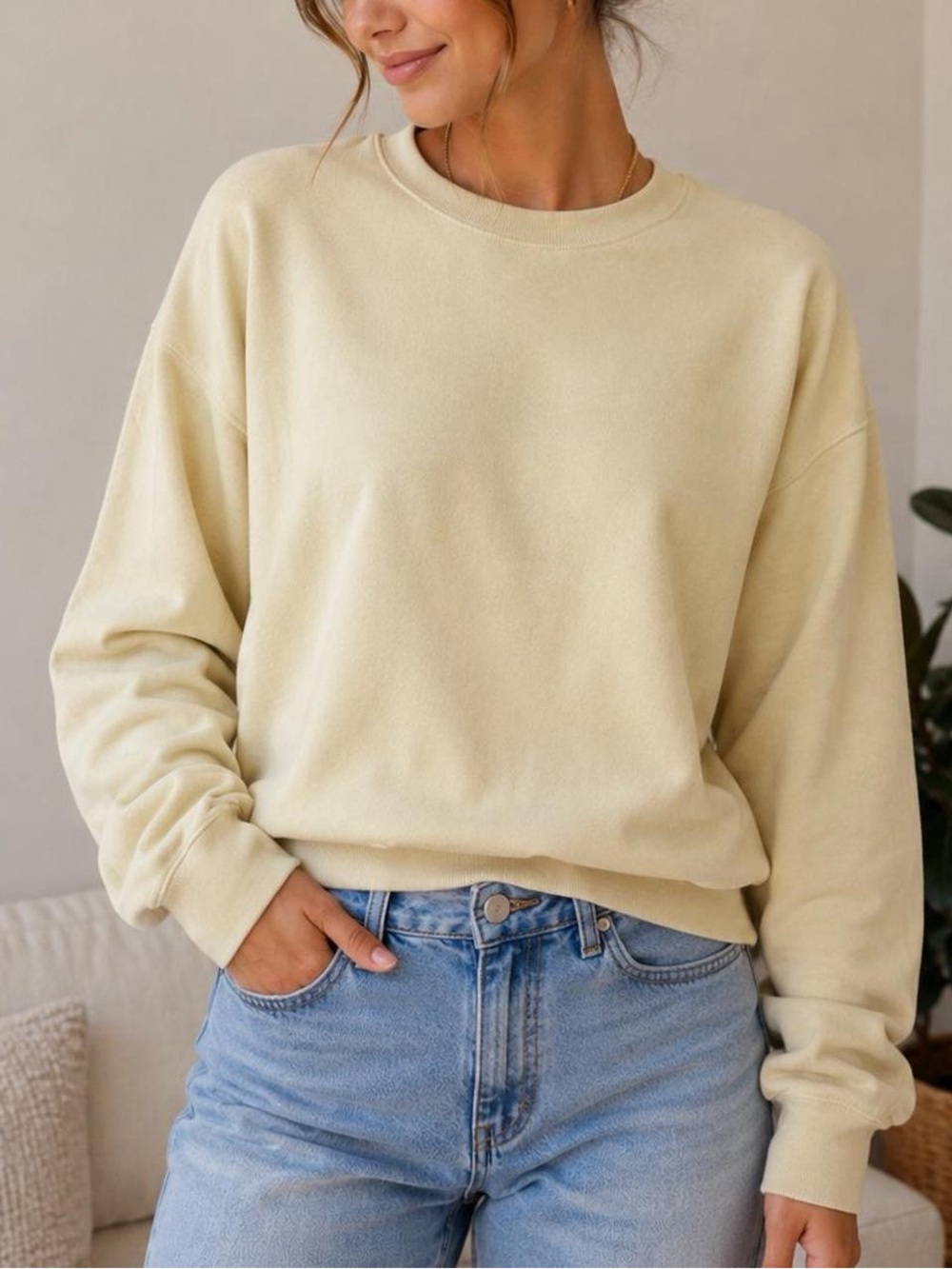 Brandy Melville Light Yellow Washed Crewneck Pullover Sweatshirt Small